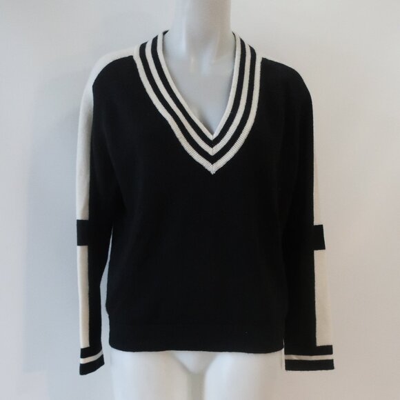 Womens Brodie Fine Cashmere Black White Varsity Stripe V-Neck Pullover Sweater M - Picture 1 of 11